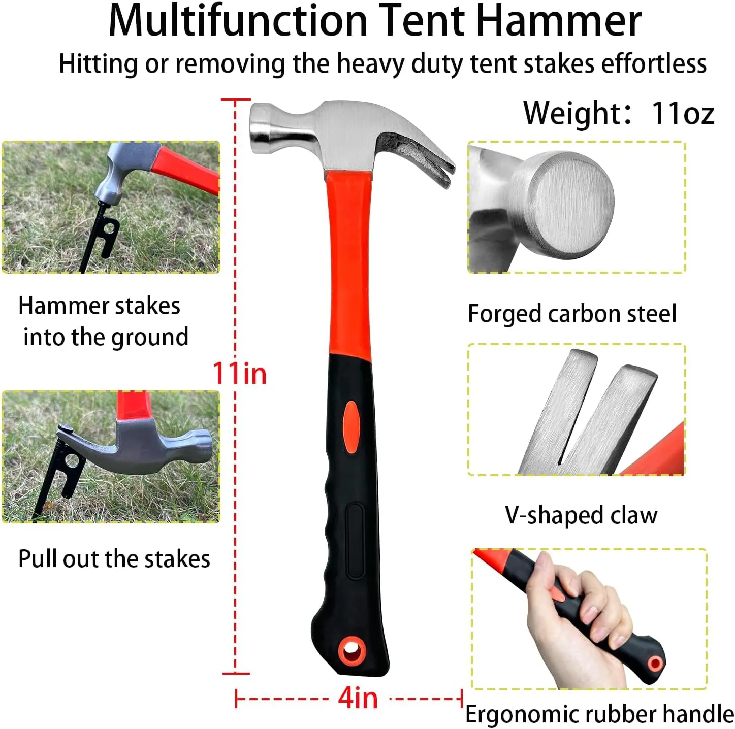 24Pcs Tent Stake with Hammer Set, 12in Tent Stakes Heavy Duty with 10.5in Camping Hammer, Storage Pouch, Forged Steel Stakes for Camping Used on Rocks, Grassland(24Pcs 12in Stakes Hammer)