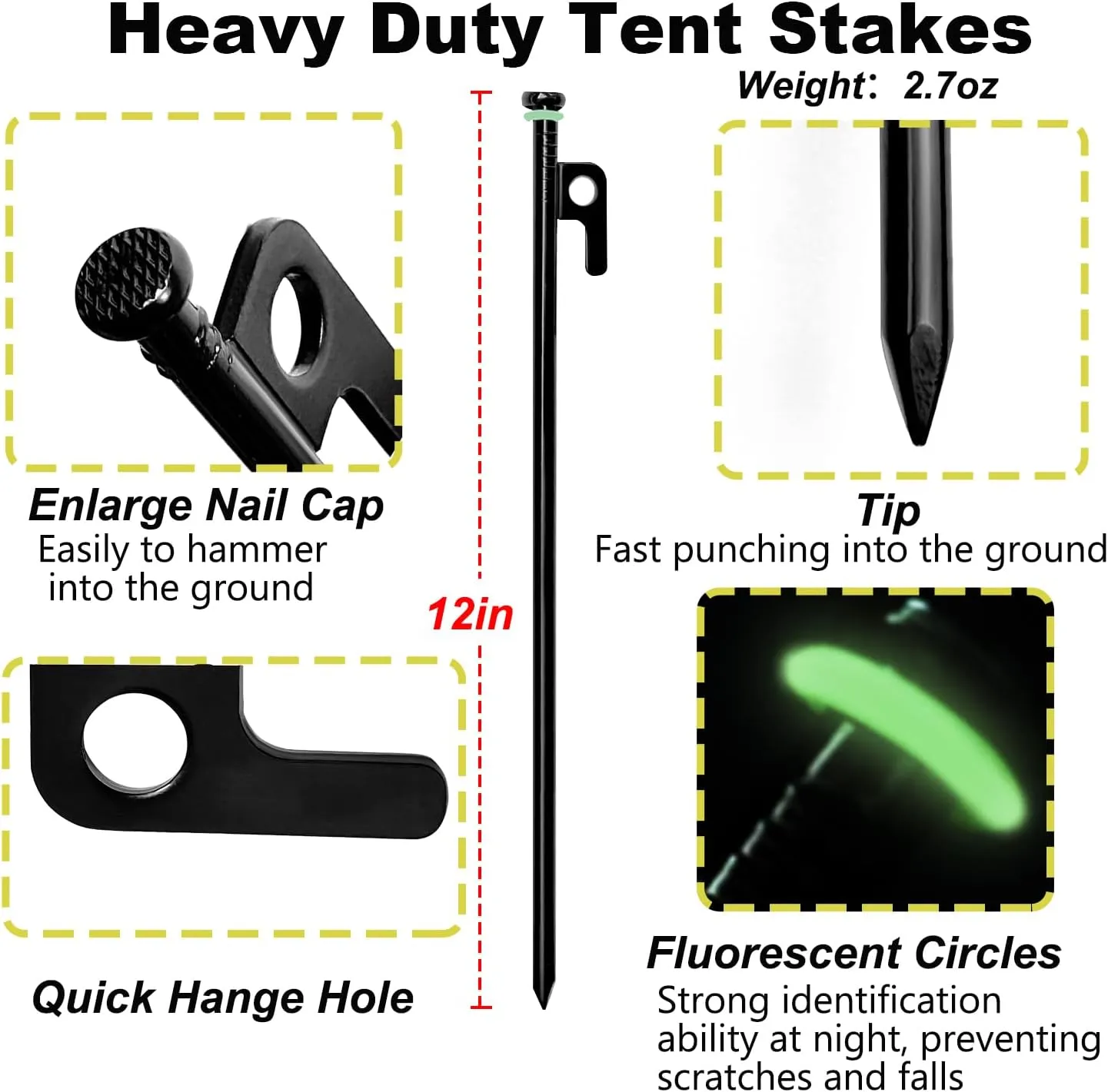 24Pcs Tent Stake with Hammer Set, 12in Tent Stakes Heavy Duty with 10.5in Camping Hammer, Storage Pouch, Forged Steel Stakes for Camping Used on Rocks, Grassland(24Pcs 12in Stakes Hammer)