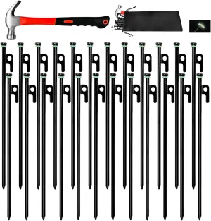 24Pcs Tent Stake with Hammer Set, 12in Tent Stakes Heavy Duty with 10.5in Camping Hammer, Storage Pouch, Forged Steel Stakes for Camping Used on Rocks, Grassland(24Pcs 12in Stakes Hammer)