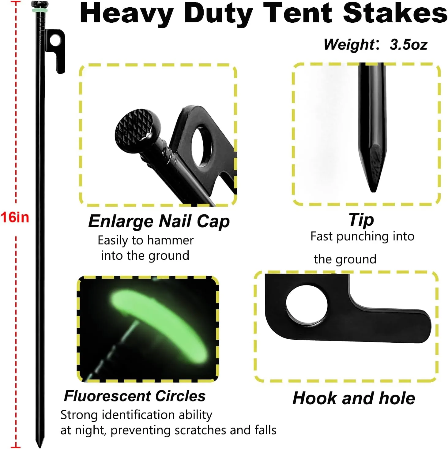 24Pcs Tent Stake with Hammer Set, 16in Tent Stakes Heavy Duty with 10.5in Camping Hammer, Storage Pouch, Forged Steel Stakes for Camping Used on Rocks, Grassland(24Pcs 16in Stakes Hammer)