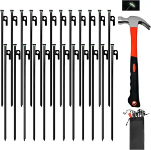 24Pcs Tent Stake with Hammer Set, 16in Tent Stakes Heavy Duty with 10.5in Camping Hammer, Storage Pouch, Forged Steel Stakes for Camping Used on Rocks, Grassland(24Pcs 16in Stakes Hammer)