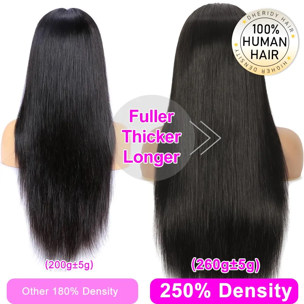 250% Density 13x6 HD Straight Lace Front Wigs Human Hair Pre Plucked 260g Glueless Lace Frontal Wigs Human Hair 13x6 Human Hair Lace Front Wigs for Black Women Bleached Knots 28 Inch