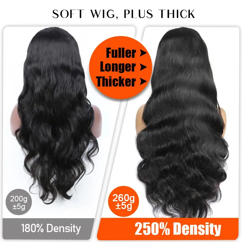 250% Density 13x6 Lace Front Wigs,100% Real Human Hair Wig,260g/pc HD Body Wave Lace Front Wigs for Black Women, Glueless Wigs Human Hair Pre Plucked Natural Hairline with Baby Hair 28 Inch