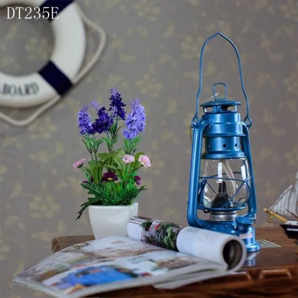 25CM Mediterranean Style Wrought Iron LED Kerosene Alcohol Lamps Portable Lantern Light Blue