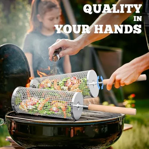 2pcs Rolling Grill Basket,Removable Wooden Handle,304 Stainless Steel,Nesting Grilling Net