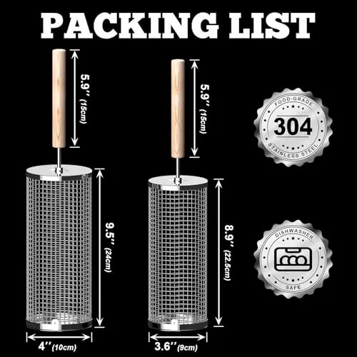 2pcs Rolling Grill Basket,Removable Wooden Handle,304 Stainless Steel,Nesting Grilling Net