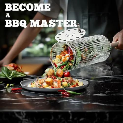 2pcs Rolling Grill Basket,Removable Wooden Handle,304 Stainless Steel,Nesting Grilling Net