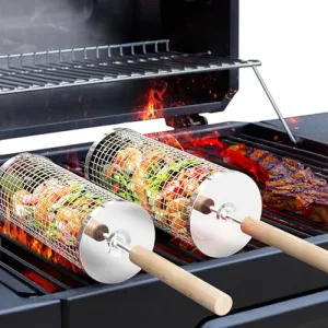 2pcs Rolling Grill Basket,Removable Wooden Handle,304 Stainless Steel,Nesting Grilling Net