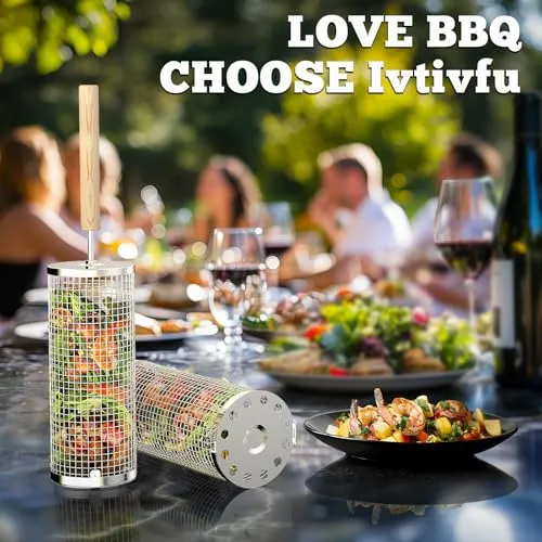 2pcs Rolling Grill Basket,Removable Wooden Handle,304 Stainless Steel,Nesting Grilling Net