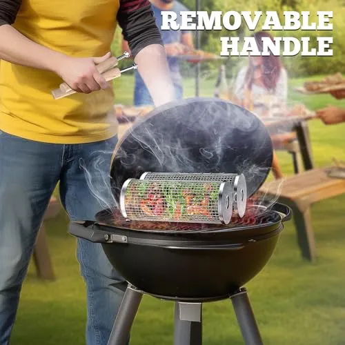 2pcs Rolling Grill Basket,Removable Wooden Handle,304 Stainless Steel,Nesting Grilling Net