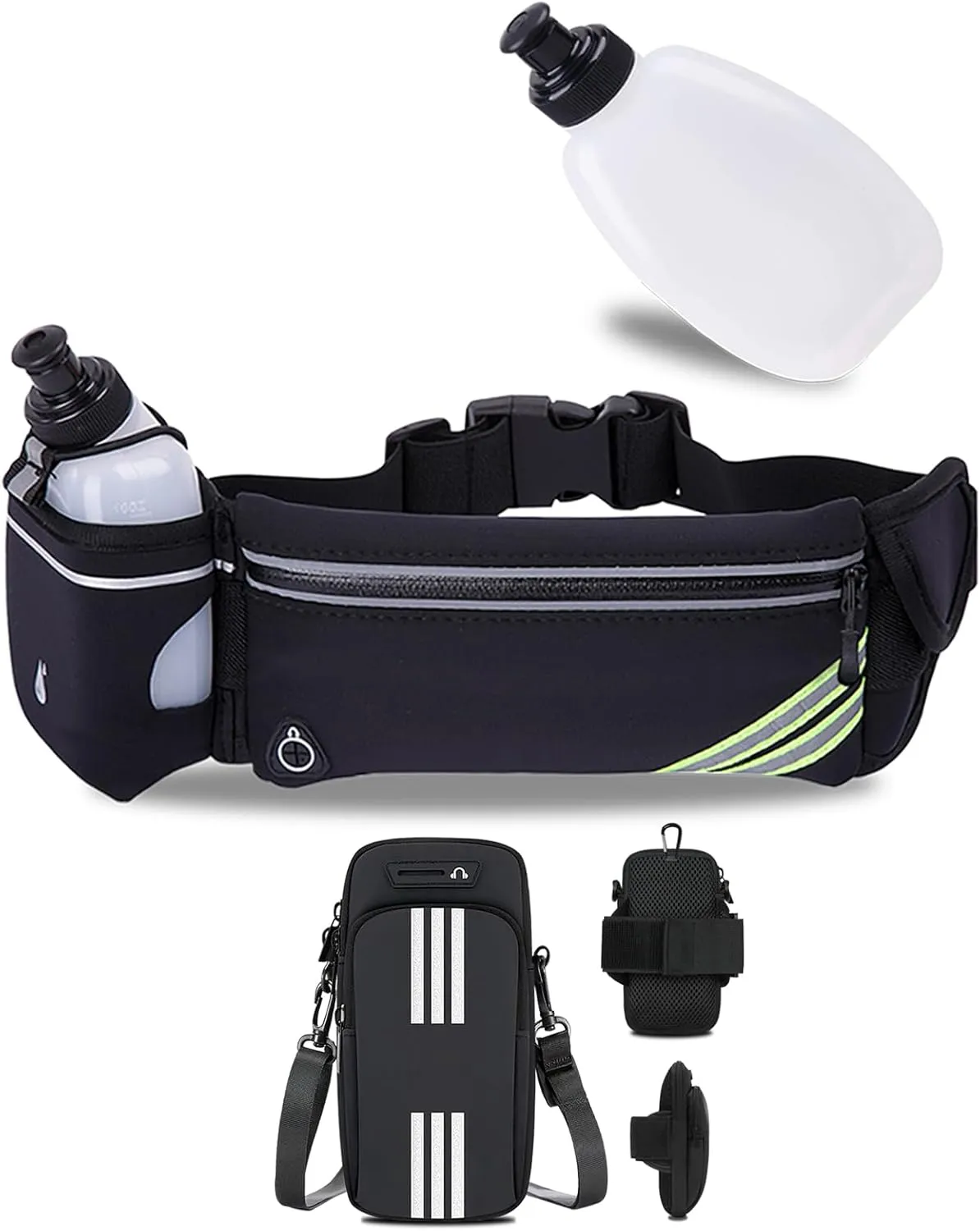 3 in 1 Armband Cell Phone Holder Small Crossbody Bag Running Belt with Water Bottle Holder for iPhone Galaxy,Reflective Belt Bag for Running Women Men Hydration Waist Bag Fanny Pack Pouch