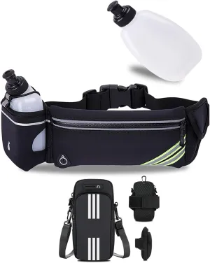 3 in 1 Armband Cell Phone Holder Small Crossbody Bag Running Belt with Water Bottle Holder for iPhone Galaxy,Reflective Belt Bag for Running Women Men Hydration Waist Bag Fanny Pack Pouch