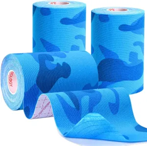 3 Pack Pro Kinesiology Athletic Tape Waterproof Muscle Support Adhesive Sport Tape for Pain Relief, Muscle & Knees Shoulder Ankle Neck Splints Joint Support (Blue Camo, 4in 5.5yd)