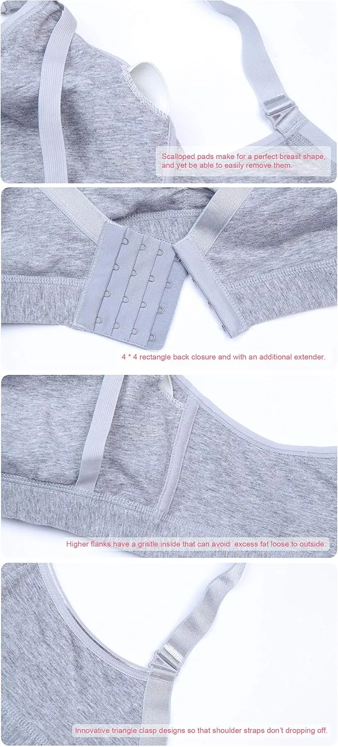3 Pack Womens Cotton Wirefree Sleeping Bras Maternity Nursing Bralette for Breastfeeding with Additional Bra Extenders