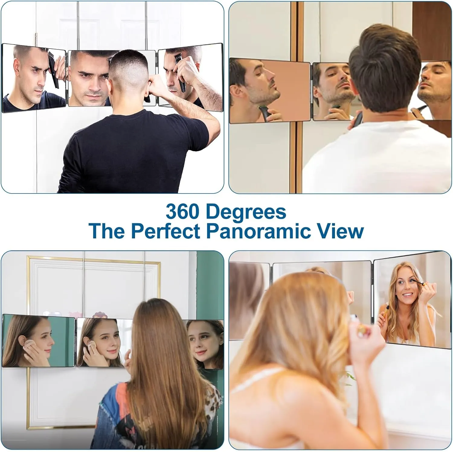 3 Way Trifold Haircut Mirror, 360 Degree Mirror for Hair Cutting, Shaving, Grooming, Hair Styling, Dye Hair and Makeup with Adjustable Height Brackets, Portable for Travel, Bedrooms, Bathroom (Black)