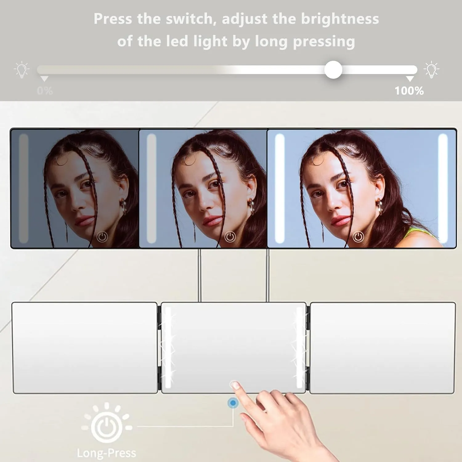3 Way Trifold Mirror with Adjustable Height Brackets - Perfect for Haircuts, Dyeing Hair & Makeup - 5X Magnification (Black with LED)