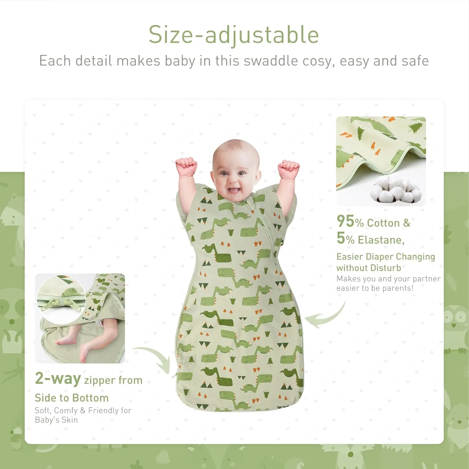 3-Way Wearable Swaddle Blankets Sleep Sacks with Arms Up, Hands Up Sleeping Sack Easy Diaper Changing Sleeping Bag for Baby Boy Girl Newborns Transitions to Arms-Free Calms Startle Reflex
