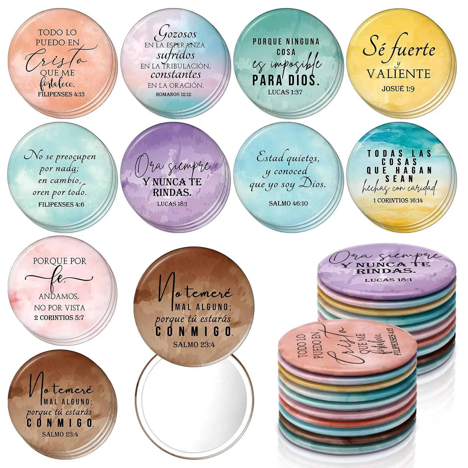 30 Pcs Mother's Day Christian Gifts Bulk Mini Christian Compact Mirrors Watercolor Spanish Bible Verse Pocket Purse Mirrors Religious Scripture Gifts for Women Church Sunday School