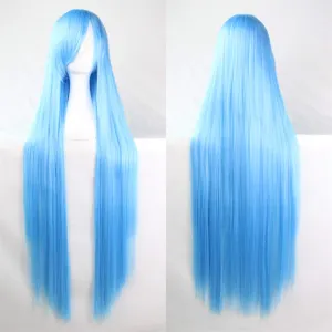 39" Womens Long Straight Synthetic Wig Halloween Cosplay Party Wig Aqua Blue