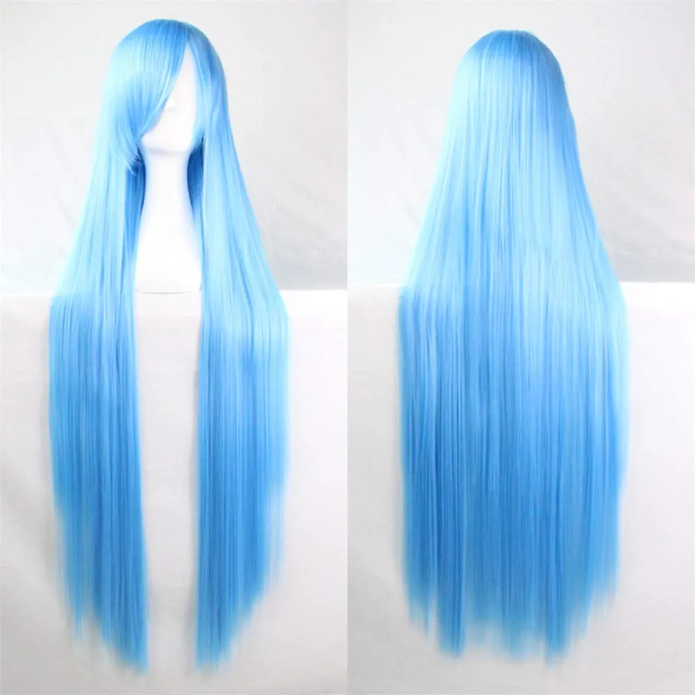 39" Womens Long Straight Synthetic Wig Halloween Cosplay Party Wig Aqua Blue