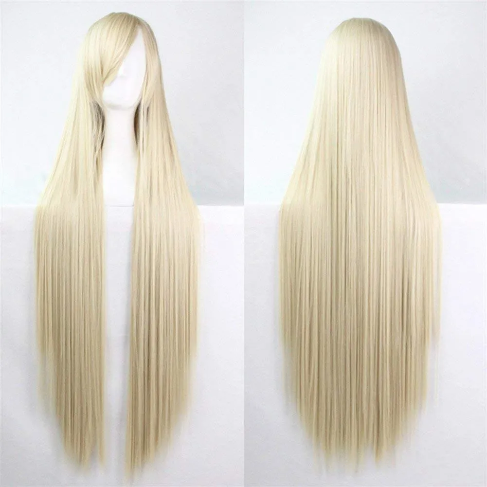 39" Womens Long Straight Synthetic Wig Halloween Cosplay Party Wig Blonde