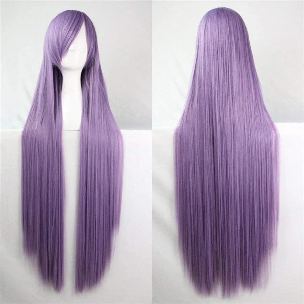 39" Womens Long Straight Synthetic Wig Halloween Cosplay Party Wig Lilac Purple