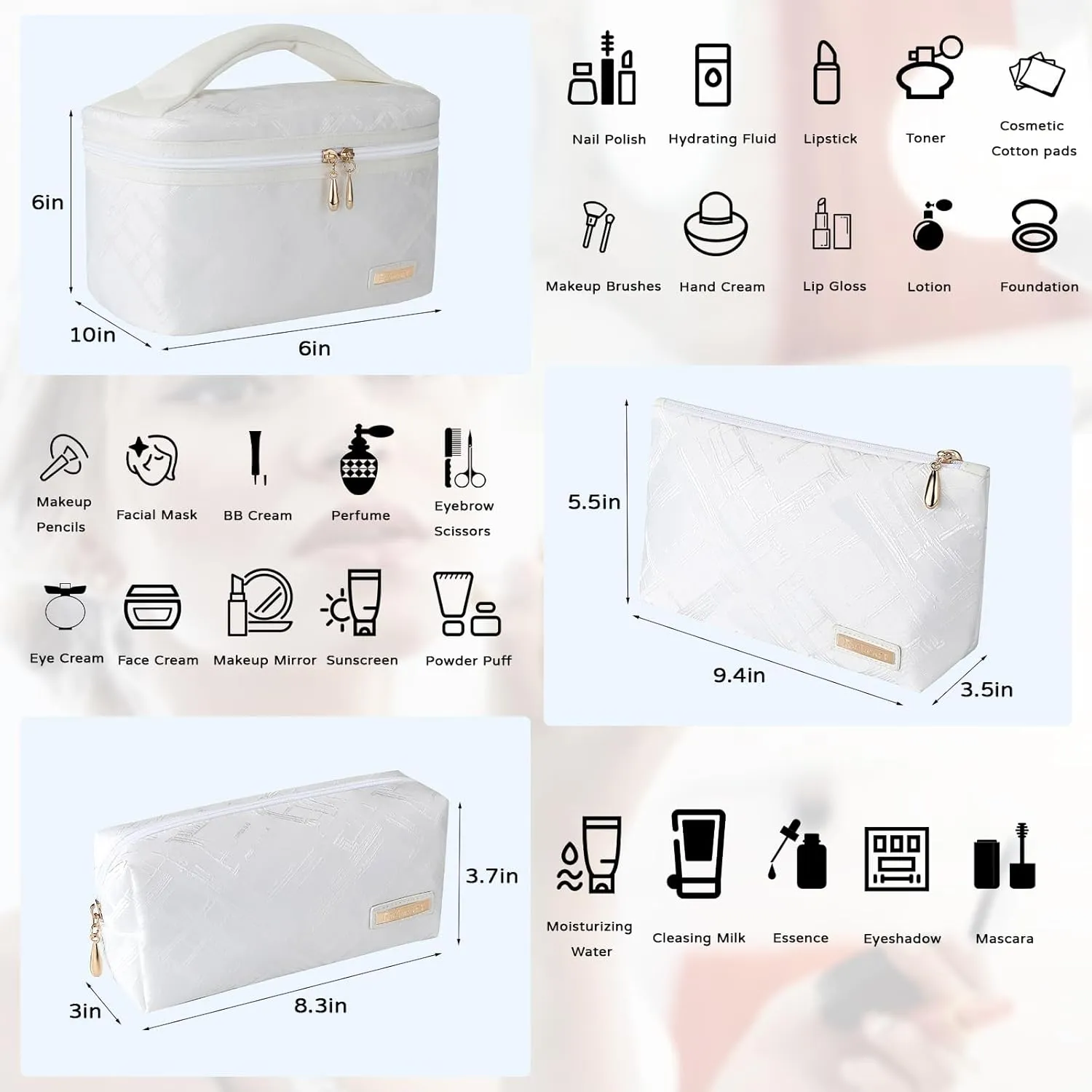 3PC Makeup Bag Set, Cationic Jacquard Large Cosmetic Organizer, Back-Coated Solvent-Free Travel Toiletry Bag for Women - White