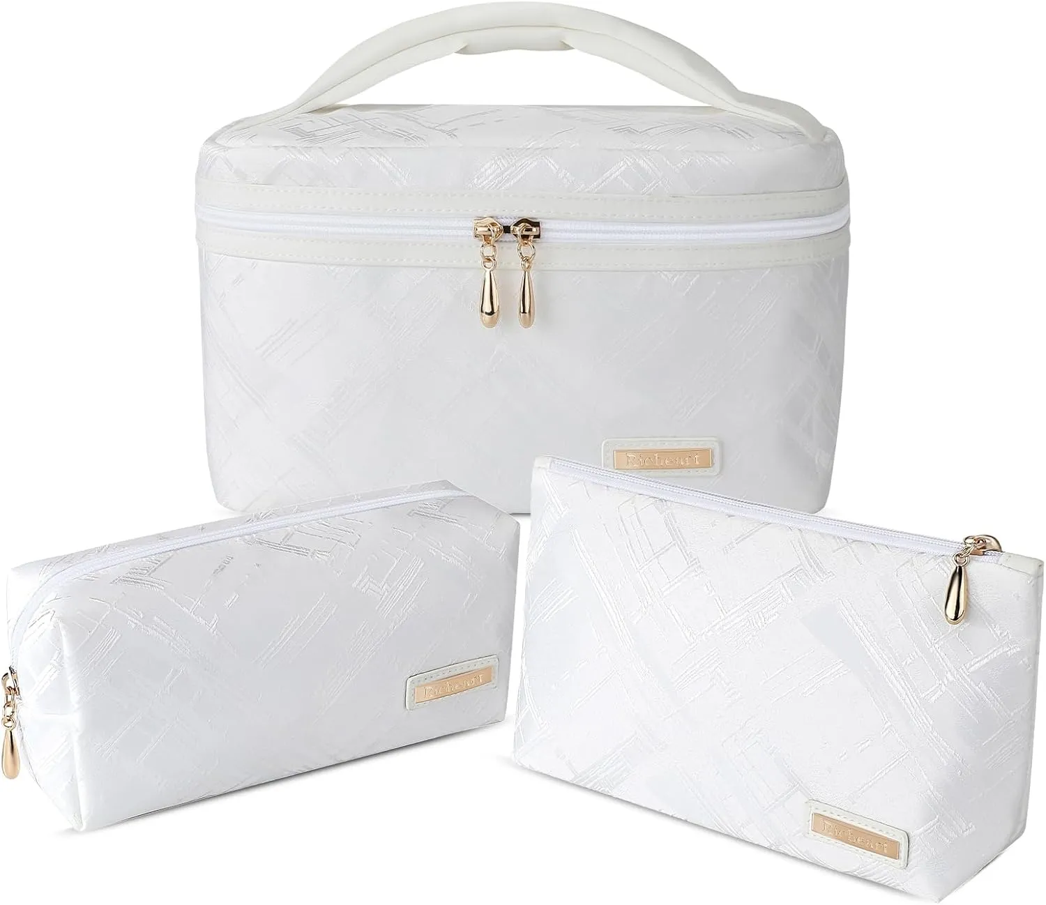 3PC Makeup Bag Set, Cationic Jacquard Large Cosmetic Organizer, Back-Coated Solvent-Free Travel Toiletry Bag for Women - White