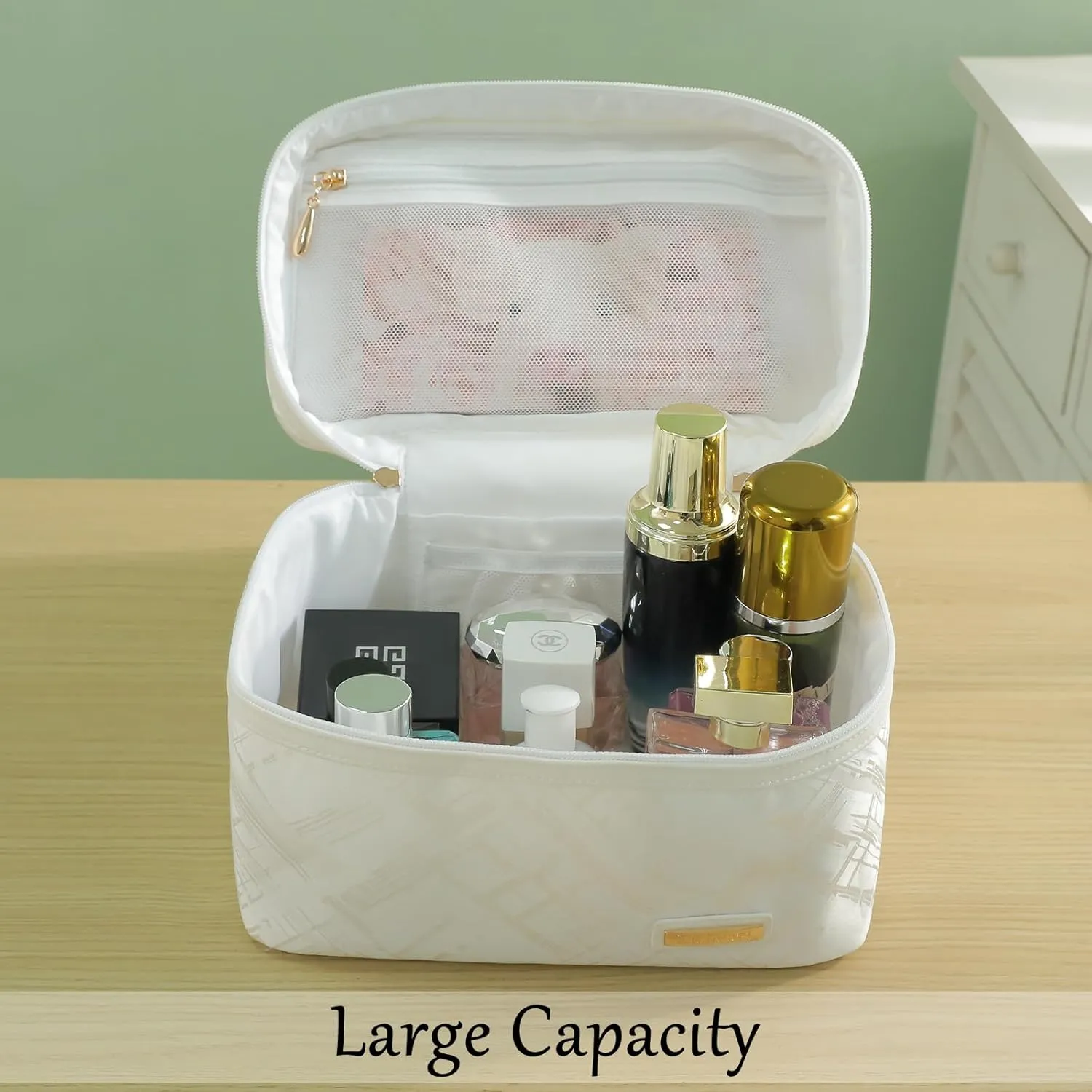 3PC Makeup Bag Set, Cationic Jacquard Large Cosmetic Organizer, Back-Coated Solvent-Free Travel Toiletry Bag for Women - White