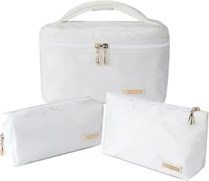 3PC Makeup Bag Set, Cationic Jacquard Large Cosmetic Organizer, Back-Coated Solvent-Free Travel Toiletry Bag for Women - White