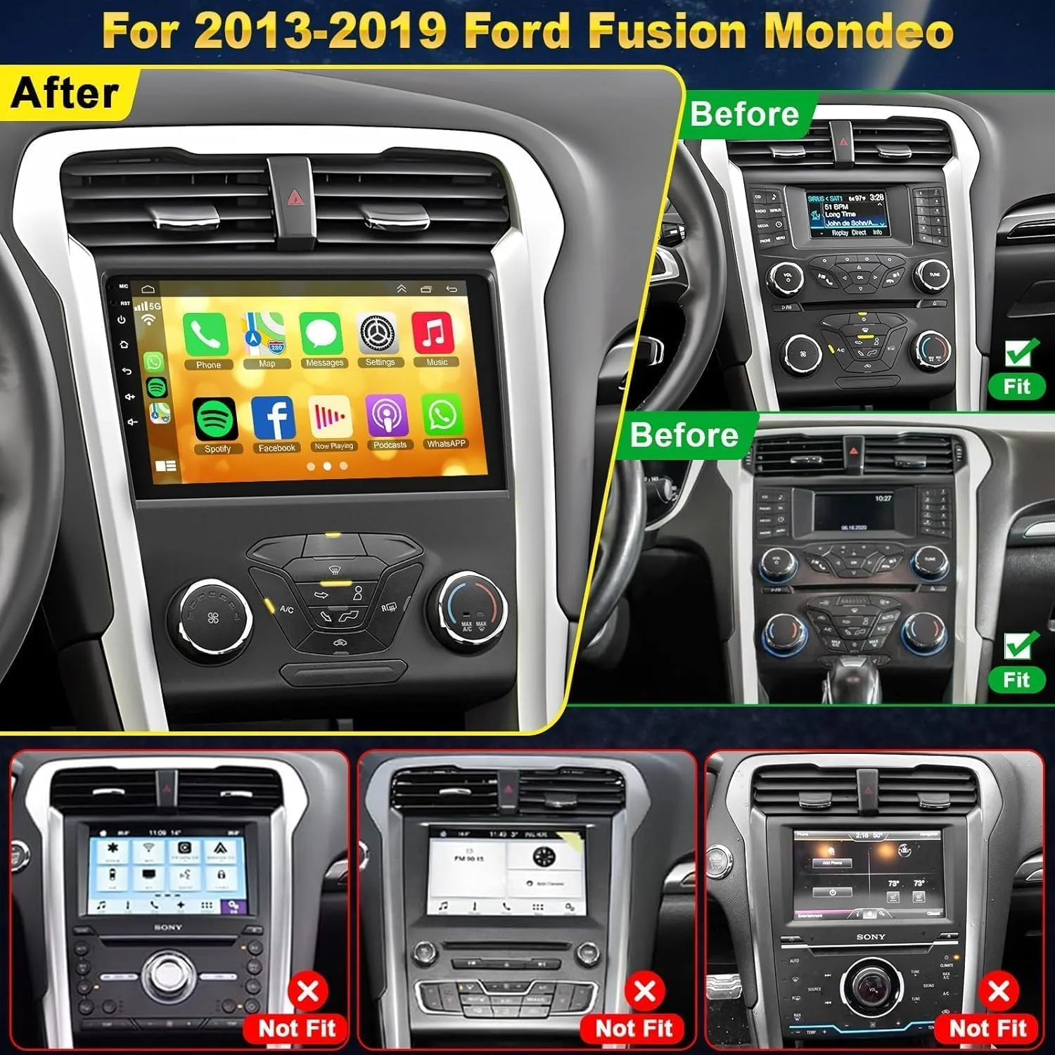 4 64G Car Stereo Android 13 for Ford 2013-2019 Fusion Mondeo, 9 Inch IPS Touch Screen Car Radio with Wireless Carplay/Android Auto,GPS, WiFi, Bluetooth,FM, Support OBD2/DVR/DSP