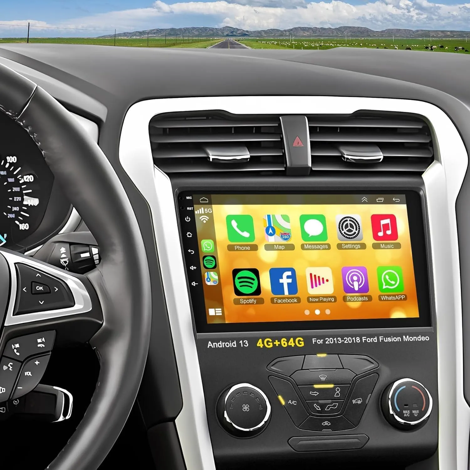 4 64G Car Stereo Android 13 for Ford 2013-2019 Fusion Mondeo, 9 Inch IPS Touch Screen Car Radio with Wireless Carplay/Android Auto,GPS, WiFi, Bluetooth,FM, Support OBD2/DVR/DSP