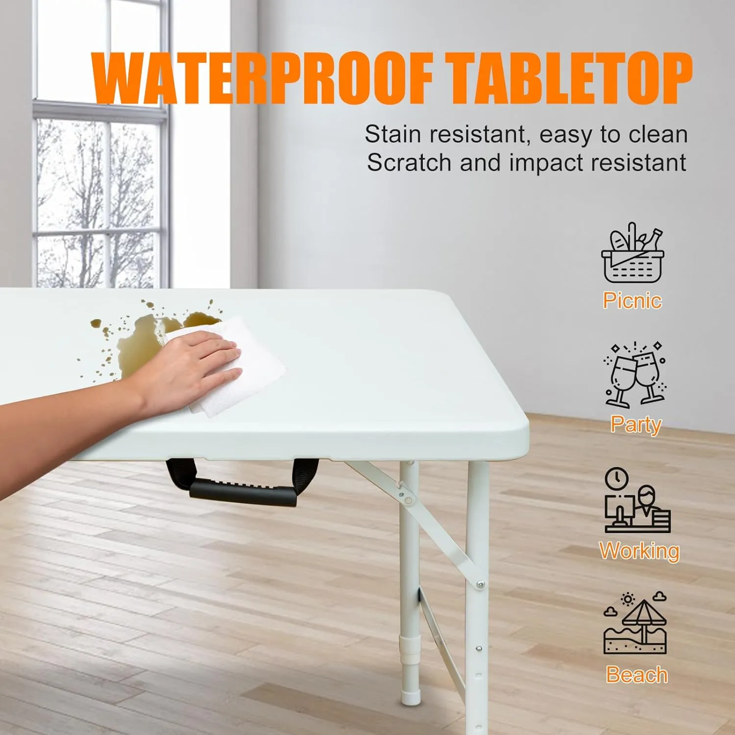 4 Foot Portable Folding Table Adjustable Height Lightweight Indoor Outdoor Picnic Beach Camping Dining Fold Out Table, Iron Utility Table Folding Desk with Carry Handle (White, 4ft)