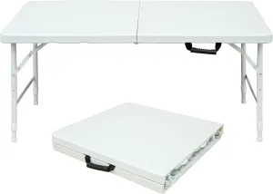 4 Foot Portable Folding Table Adjustable Height Lightweight Indoor Outdoor Picnic Beach Camping Dining Fold Out Table, Iron Utility Table Folding Desk with Carry Handle (White, 4ft)