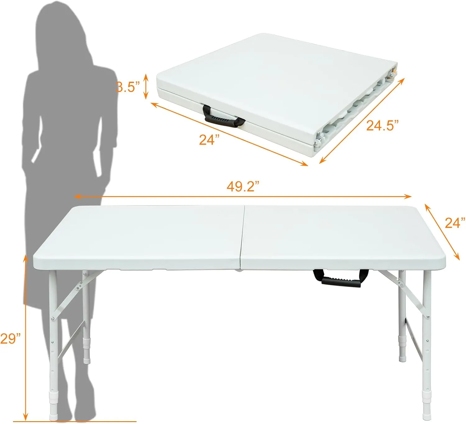 4 Foot Portable Folding Table Adjustable Height Lightweight Indoor Outdoor Picnic Beach Camping Dining Fold Out Table, Iron Utility Table Folding Desk with Carry Handle (White, 4ft)