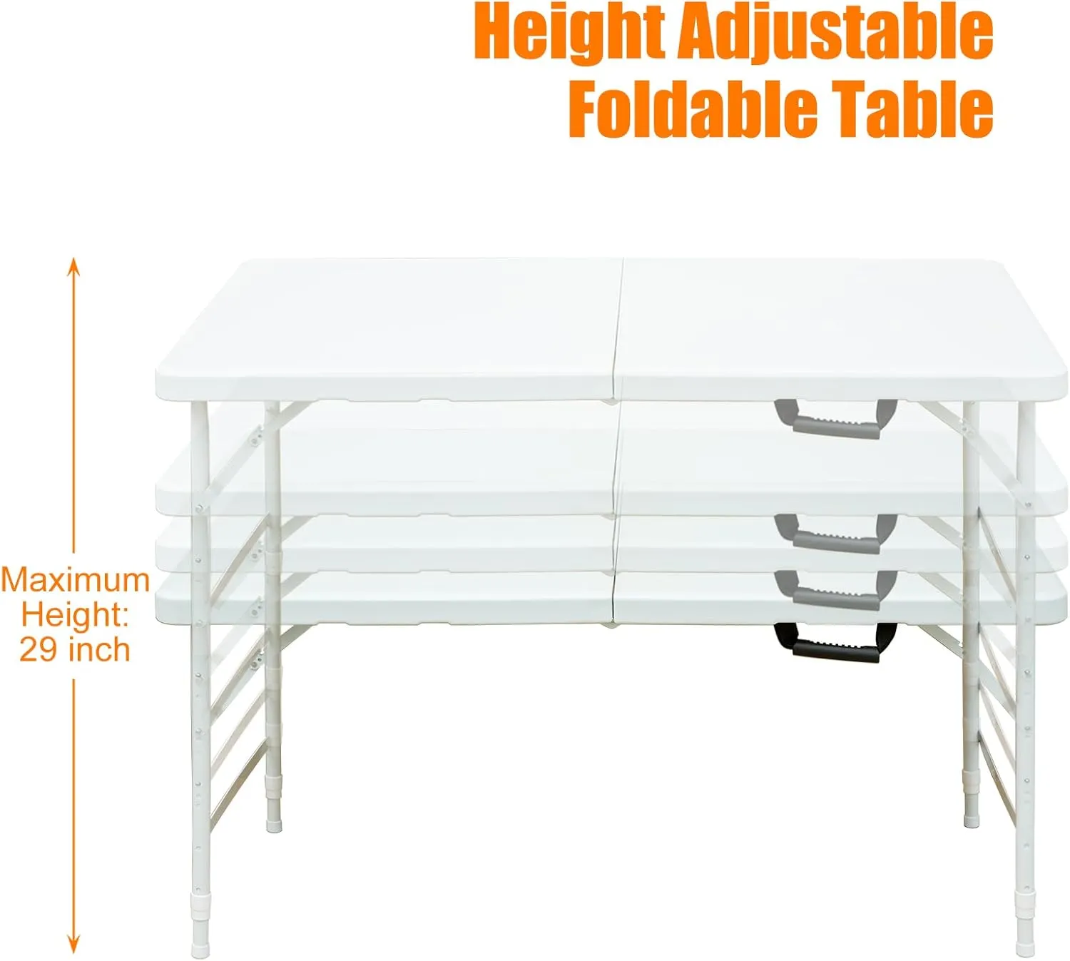 4 Foot Portable Folding Table Adjustable Height Lightweight Indoor Outdoor Picnic Beach Camping Dining Fold Out Table, Iron Utility Table Folding Desk with Carry Handle (White, 4ft)