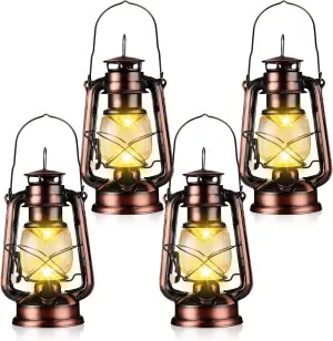 4 Pcs LED Vintage Lanterns Battery Operated Warm White Old Hurricane Lantern Antique Metal Hanging LED Lamp with Dimmer Switch for Indoor Table Outdoor Camping Lighting(Bronze)