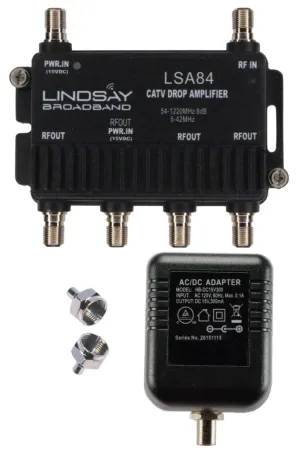 4-Port Cable TV/Antenna/HDTV/Internet Digital Signal Amplifier/Booster/Splitter with Passive Return, F59 Terminators (Lindsay LSA84)