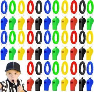 50/100PCS Plastic Referee Whistle with Bracelet Loud Crisp Sound Sports Whistle Multicolor Bulk for Adults Kids Coaches Referees Teachers Officials Polices Outdoor Basketball Volleyball Soccer