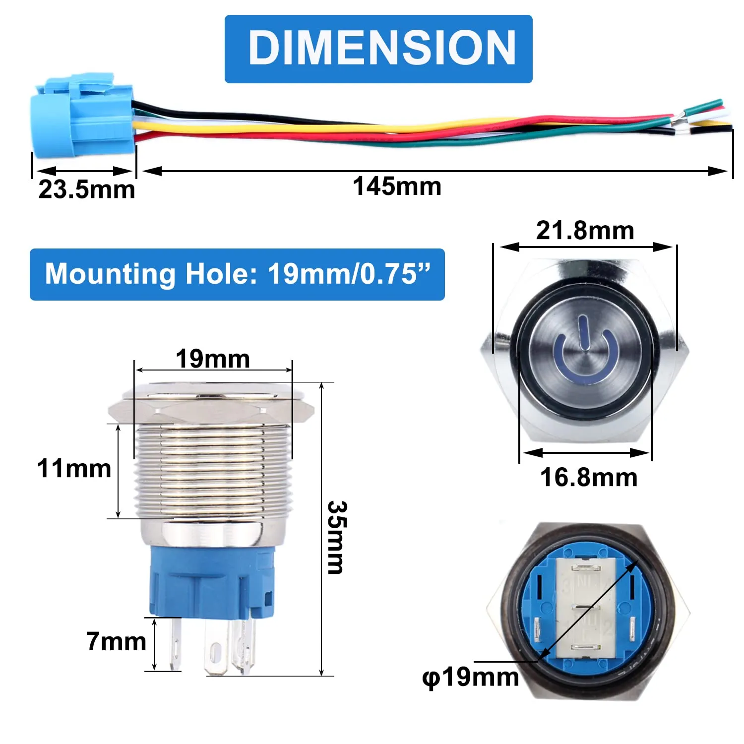 5Pcs 19mm Metal Latching Push Button Switch Waterproof Silver Shell 12V-24V 1NO 1NC ON/Off for 3/4" Mounting Hole with Pigtail Power Symbol LED Red Light