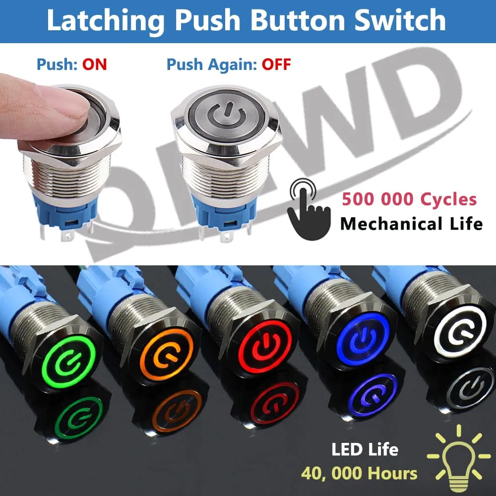 5Pcs 19mm Metal Latching Push Button Switch Waterproof Silver Shell 12V-24V 1NO 1NC ON/Off for 3/4" Mounting Hole with Pigtail Power Symbol LED Red Light