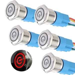 5Pcs 19mm Metal Latching Push Button Switch Waterproof Silver Shell 12V-24V 1NO 1NC ON/Off for 3/4" Mounting Hole with Pigtail Power Symbol LED Red Light