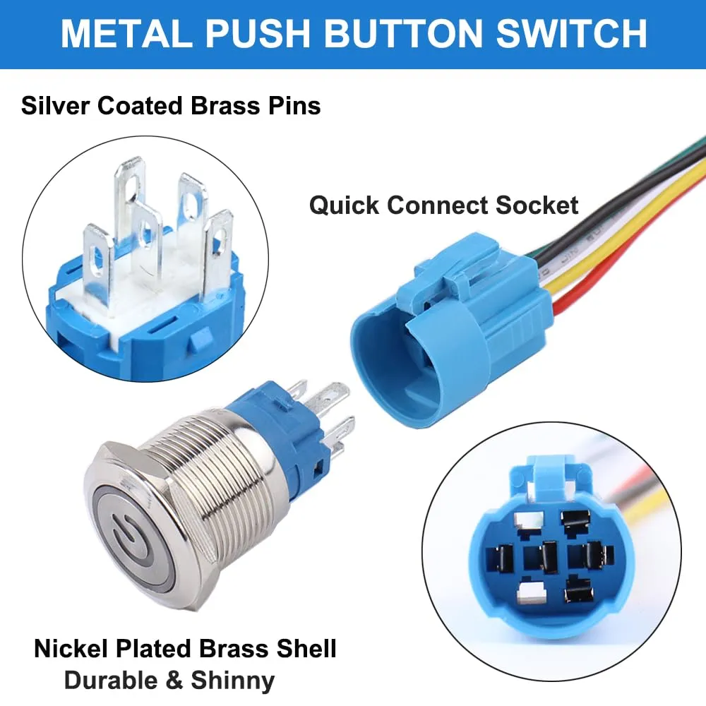 5Pcs 19mm Metal Latching Push Button Switch Waterproof Silver Shell 12V-24V 1NO 1NC ON/Off for 3/4" Mounting Hole with Pigtail Power Symbol LED Red Light