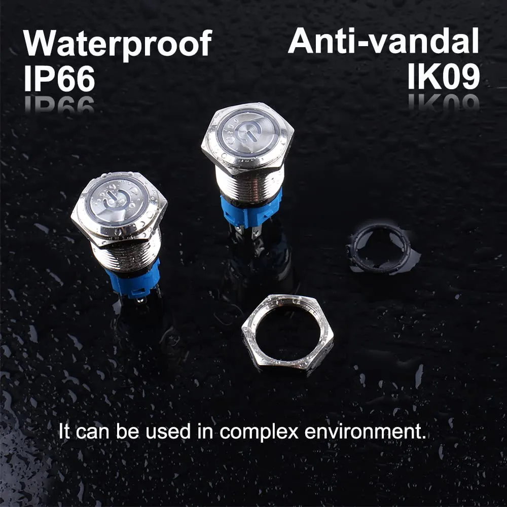 5Pcs 19mm Metal Latching Push Button Switch Waterproof Silver Shell 12V-24V 1NO 1NC ON/Off for 3/4" Mounting Hole with Pigtail Power Symbol LED Red Light