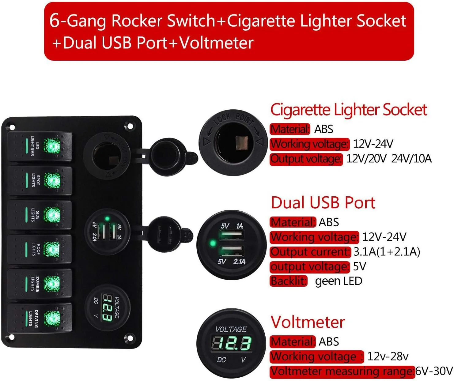 6 Gang Rocker Switch Fuse Panel, Waterproof Digital Voltmeter Display with Dual USB Charger for RV Marine Car Vehicles Truck Boat (Blue Light)