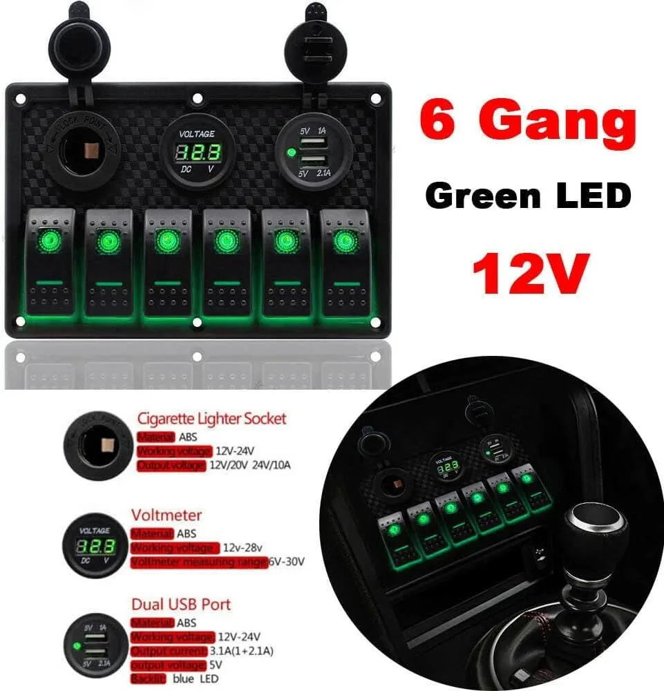 6 Gang Rocker Switch Fuse Panel, Waterproof Digital Voltmeter Display with Dual USB Charger for RV Marine Car Vehicles Truck Boat (Blue Light)