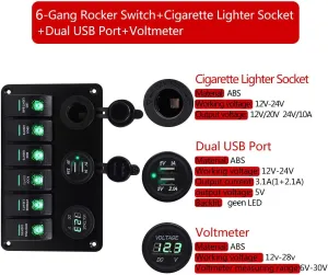 6 Gang Rocker Switch Fuse Panel, Waterproof Digital Voltmeter Display with Dual USB Charger for RV Marine Car Vehicles Truck Boat (Blue Light)