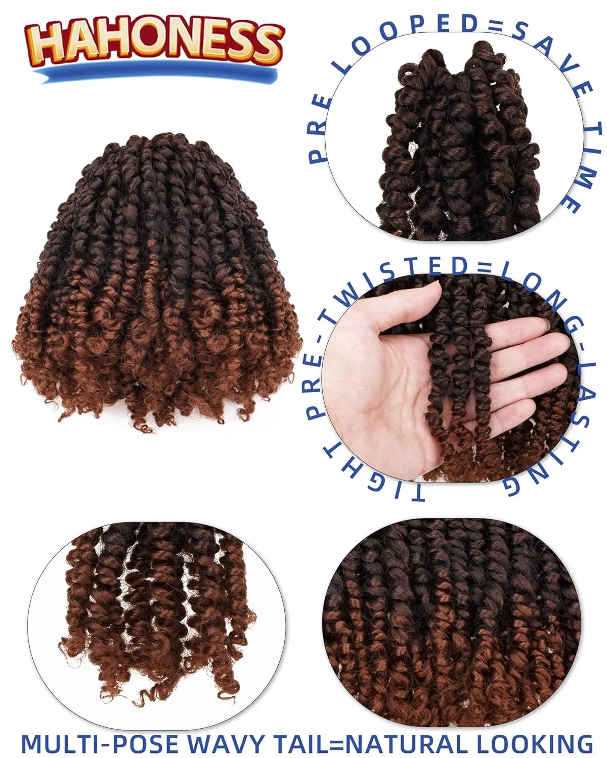 6 Inches 8 Packs Super Short Passion Twist Crochet Hair for Black Women and Kids-Ombre Brown Pre Looped Pretwisted Hair Extension Braided by Synthetic Spring Twist Bohemian Curls(6"-8 Packs,T1B/30)