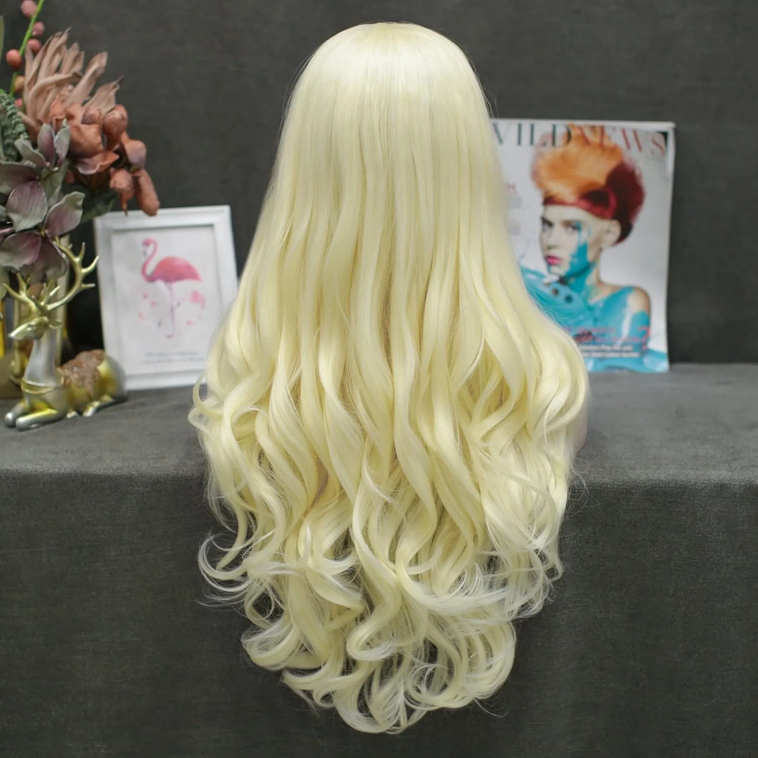 613 Blonde Wave Lace Front Wig Heat Resistant Synthetic Light Blonde Hair Wig for Cosplay Party Halloween 26 inch