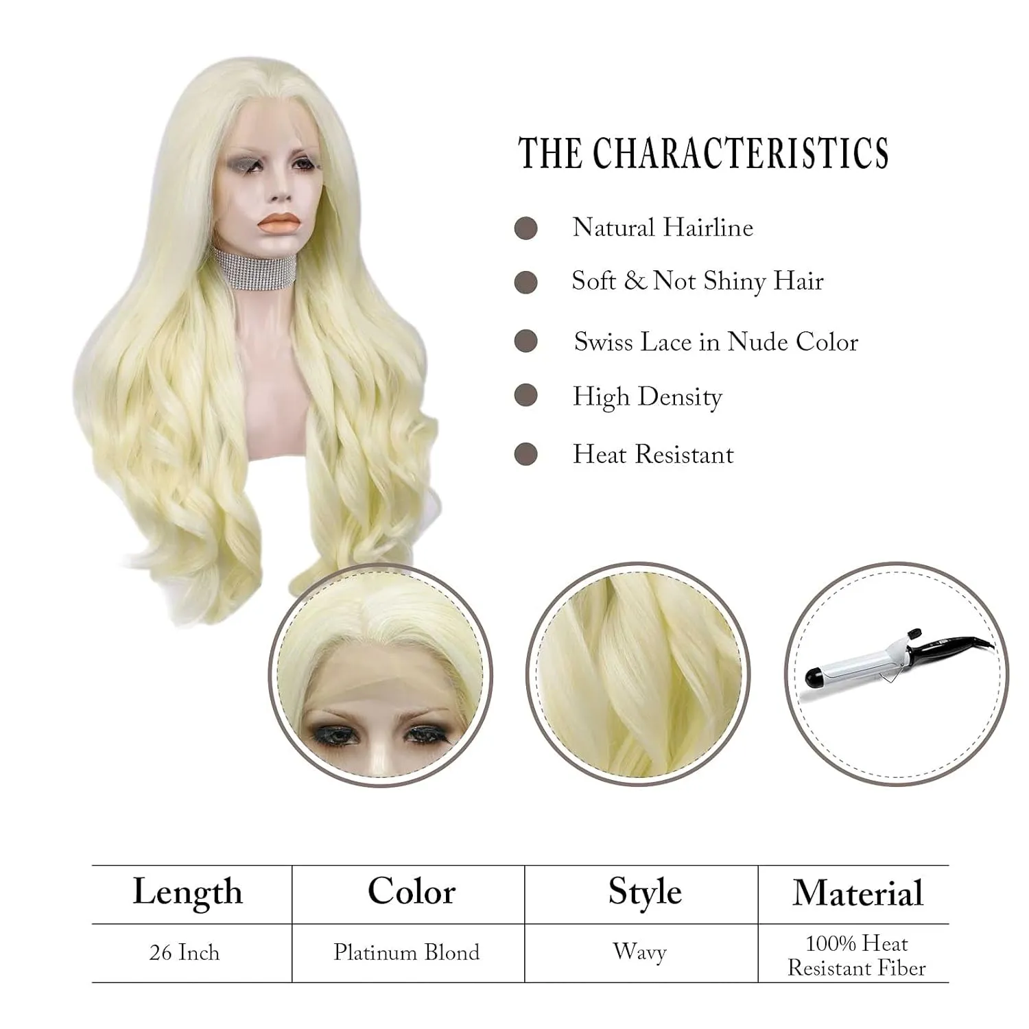 613 Blonde Wave Lace Front Wig Heat Resistant Synthetic Light Blonde Hair Wig for Cosplay Party Halloween 26 inch